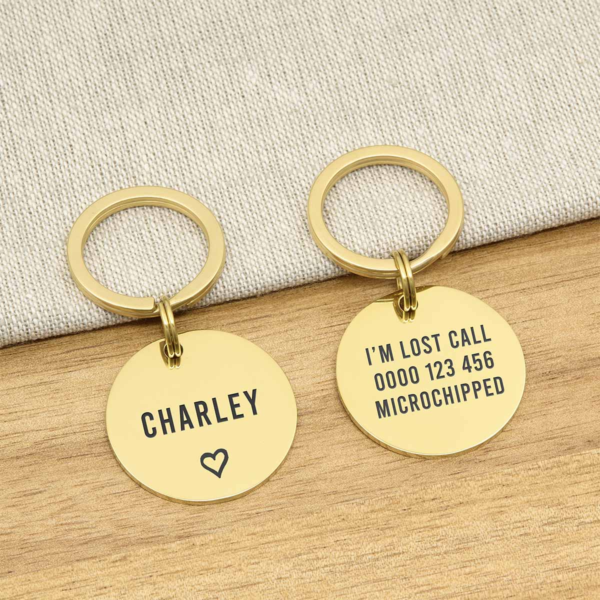 Engraved Stainless Steel Dog Name ID Tag - Large Gold Icon Heart - About Pets
