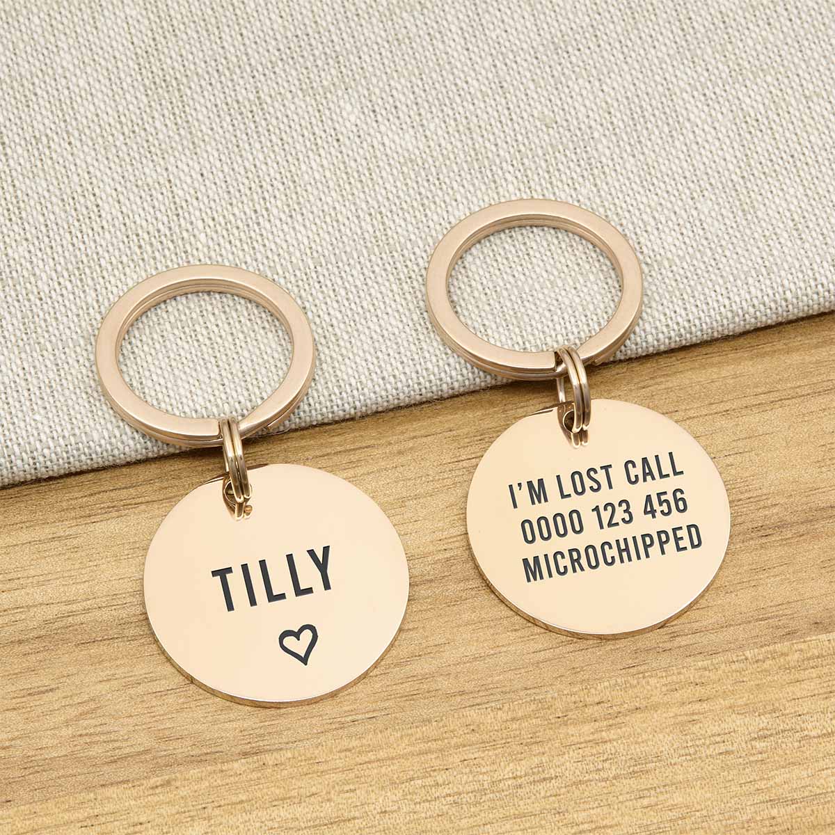 Engraved Stainless Steel Dog Name ID Tag - Large Rose Gold Icon Heart - About Pets