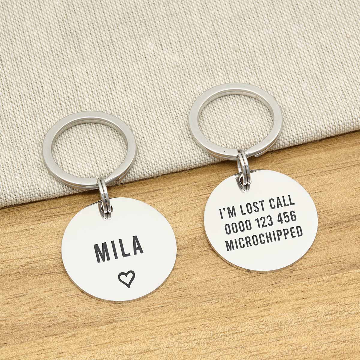 Engraved Stainless Steel Dog Name ID Tag - Large Silver Icon Heart - About Pets