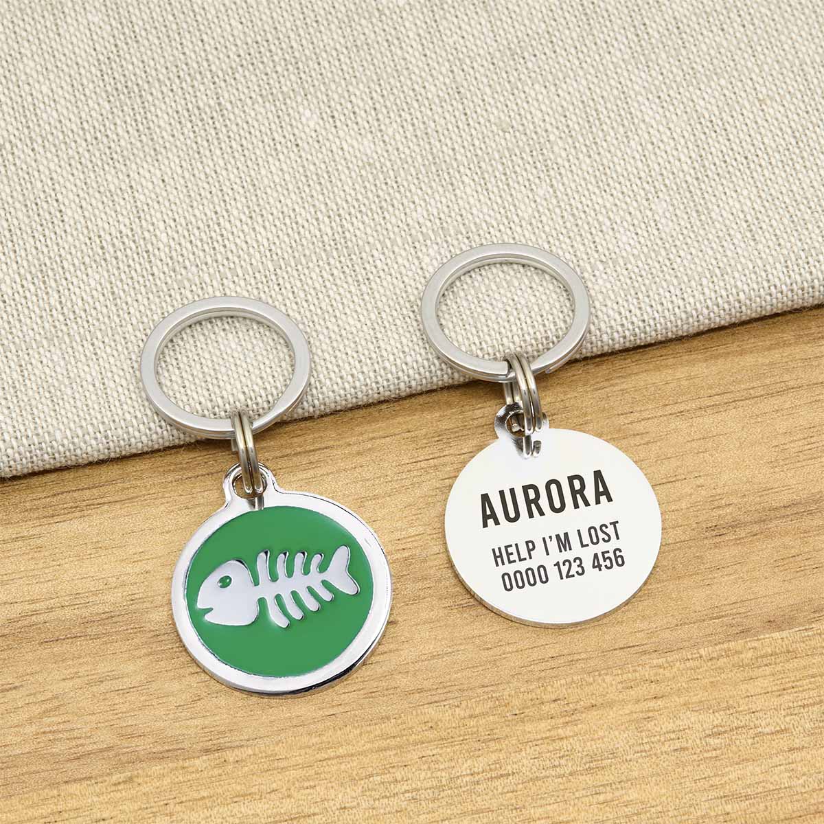 Engraved Zinc Alloy Cat Name ID Tag - Green Colour Fishbone - About Pets