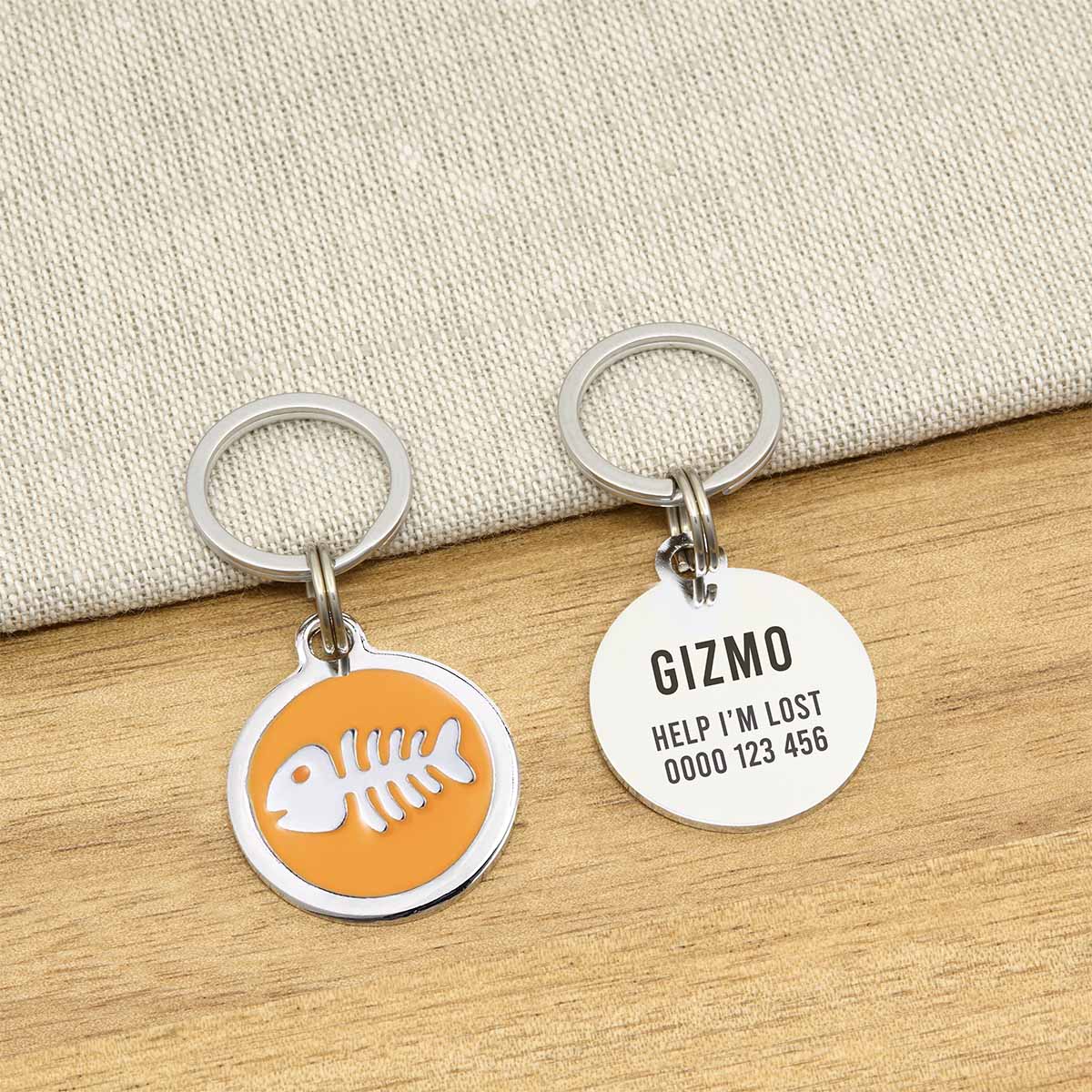 Engraved Zinc Alloy Cat Name ID Tag - Orange Colour Fishbone - About Pets