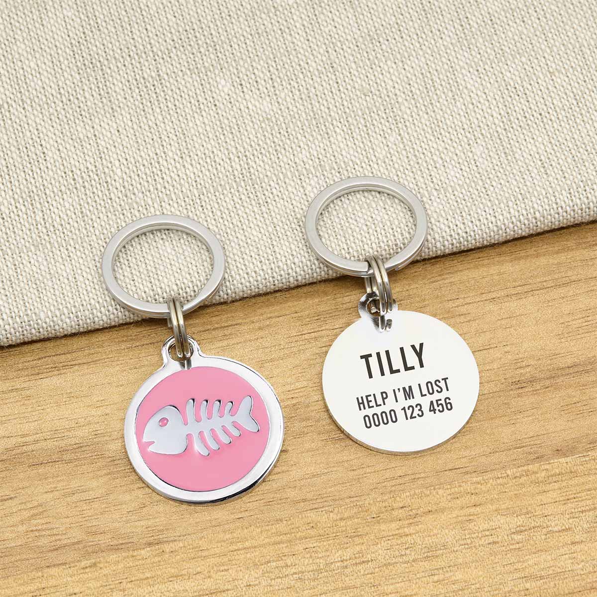 Engraved Zinc Alloy Cat Name ID Tag - Pink Colour Fishbone - About Pets