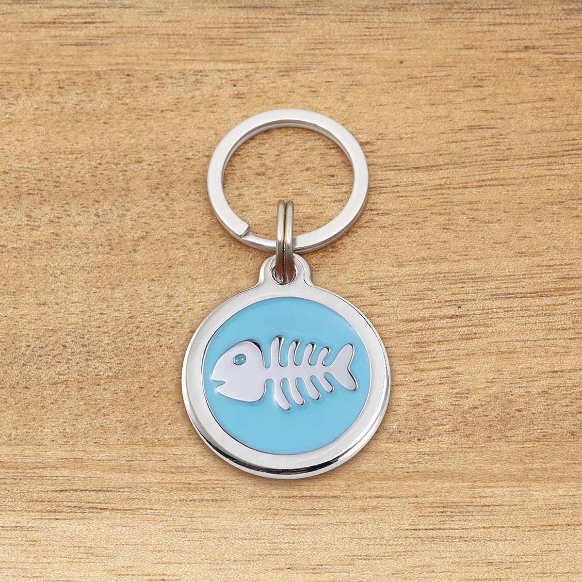 Engraved Zinc Alloy Cat Name ID Tag - Blue Colour Fishbone - About Pets