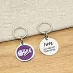 Engraved Zinc Alloy Cat Name ID Tag - Purple Colour Fishbone - About Pets