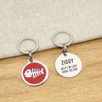 Engraved Zinc Alloy Cat Name ID Tag - Red Colour Fishbone - About Pets