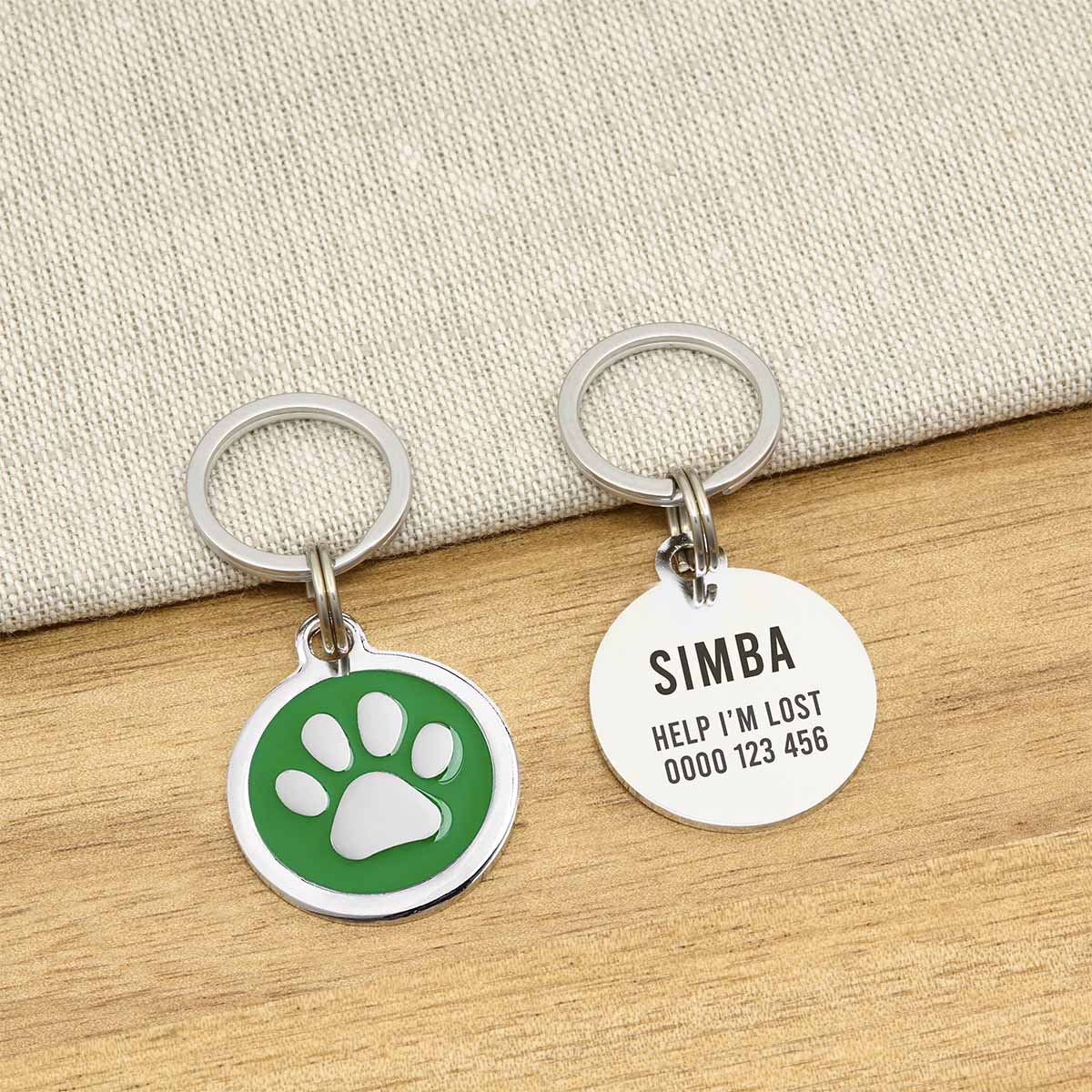 Engraved Zinc Alloy Cat Name ID Tag - Green Colour Paw - About Pets