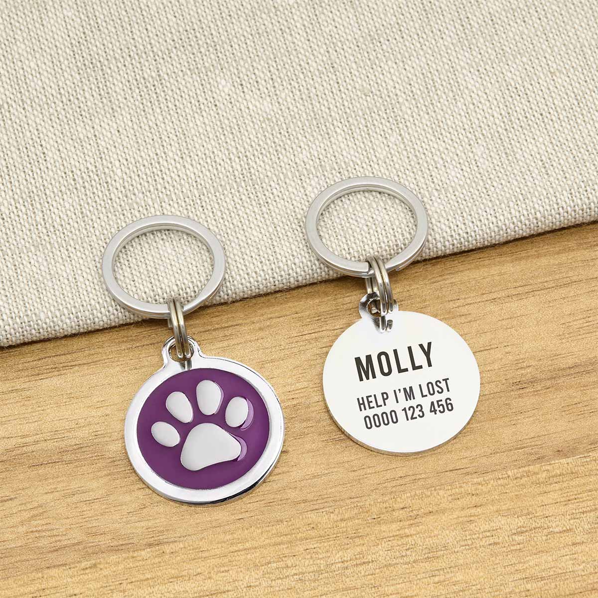 Engraved Zinc Alloy Cat Name ID Tag - Purple Colour Paw - About Pets