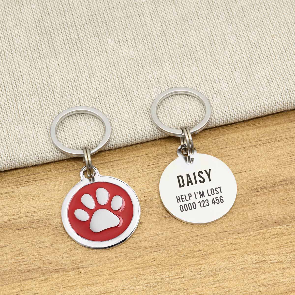 Engraved Zinc Alloy Cat Name ID Tag - Red Colour Paw - About Pets