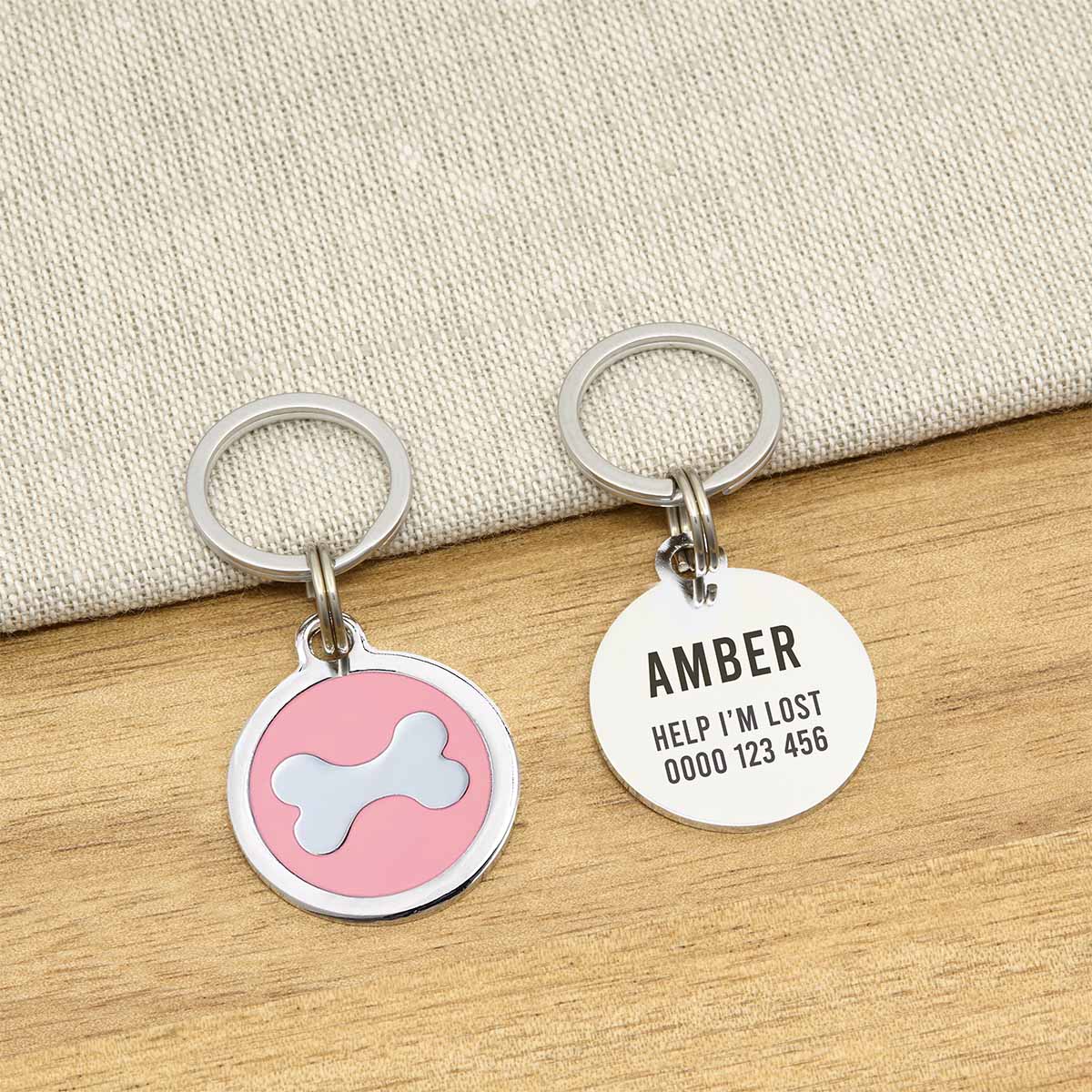 Engraved Zinc Alloy Dog Name ID Tag -  Pink Bone - About Pets