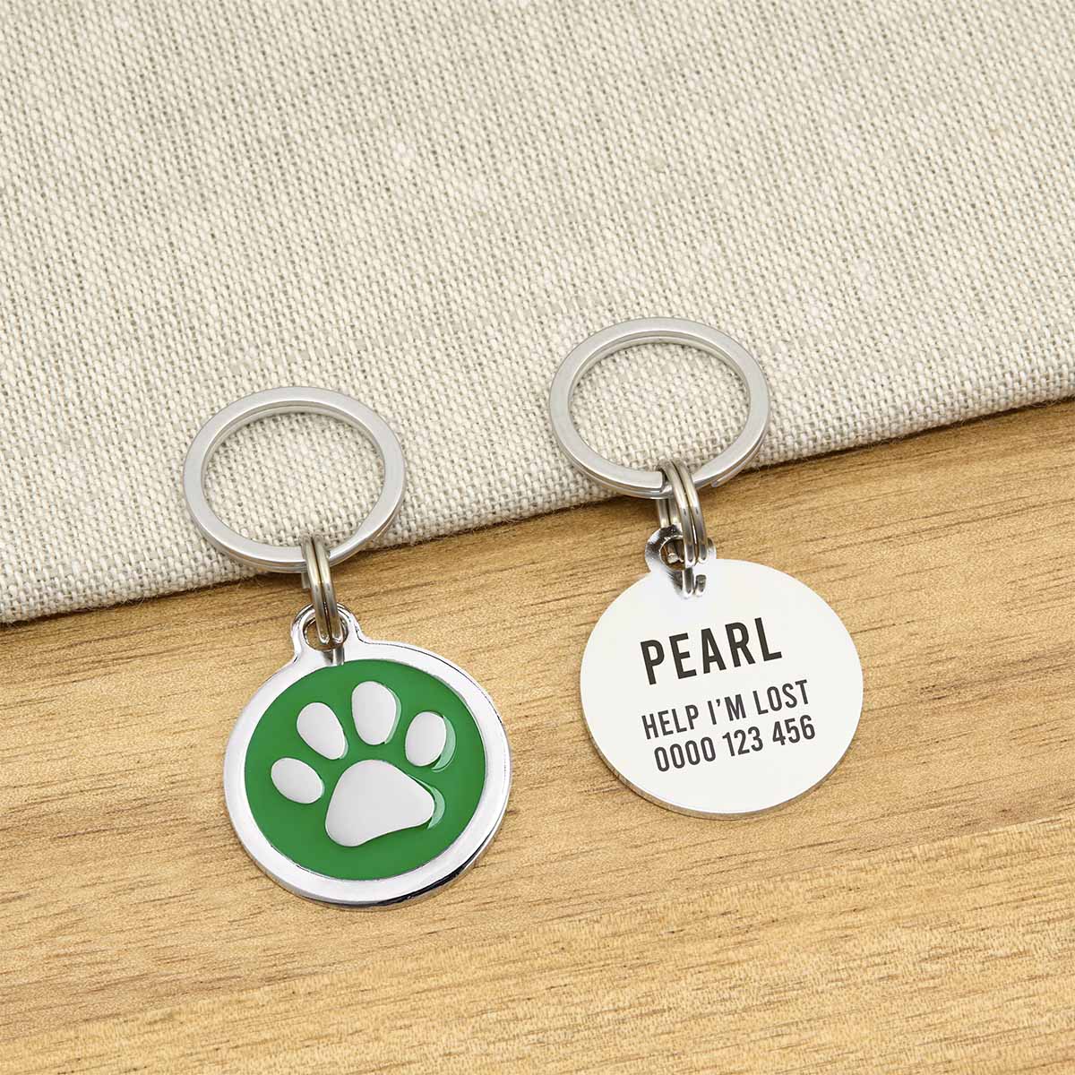 Engraved Zinc Alloy Dog Name ID Tag -  Green Colour Paw - About Pets