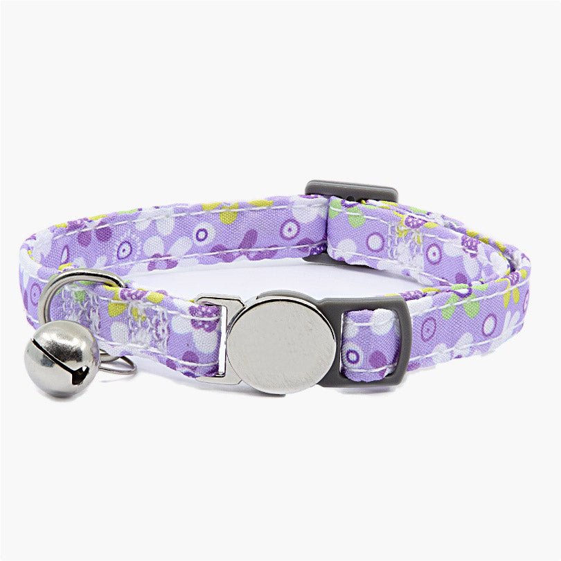Breakaway Cat Collar with Bell and Metal fittings Purple Flower Design - About Pets