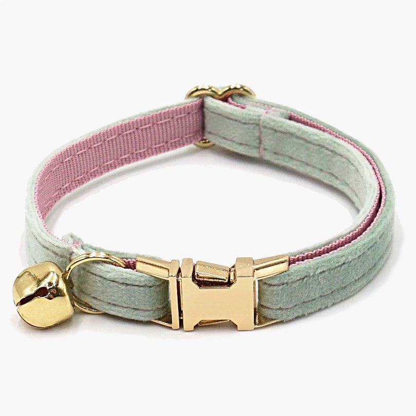 Velvet Cat Collar with Bell in Green-Pink Colours Small Lux - About Pets