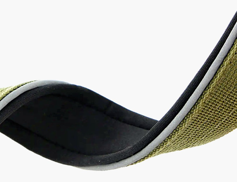 Titan beige nylon tactical dog collar with a close up of the grey reflective strip and soft lining in collar - for safe night walking on a white background